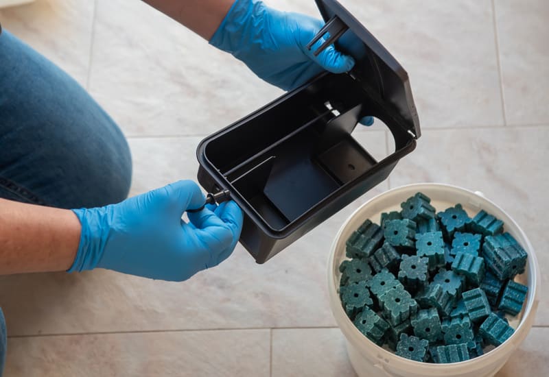 A technician opening a locked rodent bait station during a service visit
